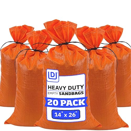 DURASACK Heavy Duty Sandbags with Ties, 14x26, Empty, Orange, Pack of 20 | Woven Polypropylene Sandbags for Flood Control with 1600 Hours of UV Protection, 50 lbs Capacity - color: Orange, size: 20 Sandbags
