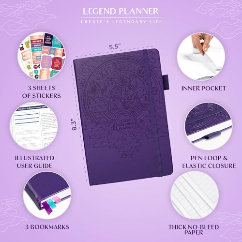 Legend Wellness Planner & Food Journal – Daily Diet & Health Journal with Weight Loss, Measurement & Exercise Trackers – Lifestyle & Nutrition Diary – Lasts 6 Months, A5 size – Purple - color: Purple Debossed, size: A5 (5.8” x 8.3”)