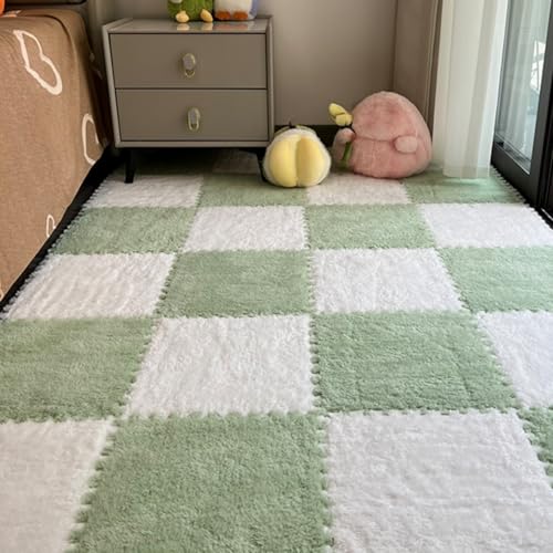 12Pcs Plush Foam Floor Mat,Plush Interlocking Carpet Tiles,Anti-Slip Square Puzzle Floor Mat,EVA Foam Area Rugs for Bedroom Playroom (White+Green) - color: White+green