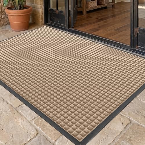 Front Door Mat Outside Entrance, Heavy Duty Waterproof Doormat | 47.5"x35.5" Indoor/Outdoor Dirt Trapper with Non-Slip Rubber Backing, Low Profile Easy Clean, Stain & Fade Resistant Beige - color: Beige, size: 2'11" x 3'11" (Rectangular)