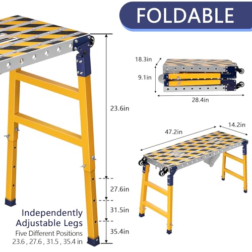 Versatile Portable Steel Work Bench+Step Ladder 2 in 1 | 1102lb Load Capacity Folding Welding Table with Height 23 to 35 inches Adjustable Folding Portable Platform with Non-Slip Mat - size: 47.24" × 14.2"
