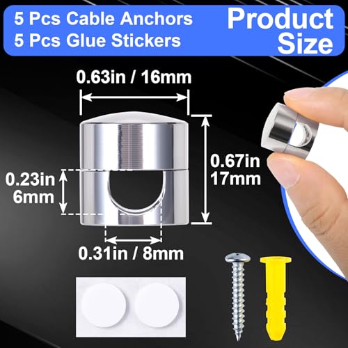 SmallCat 5 Sets Charger Holders for Cords, Silver Adjustable Cable Anchor Holders, Adhesive Metal Cord Clips, Cable Management Wire Organizers for Desk, Office, Nightstand - color: Silver, size: 5 Sets