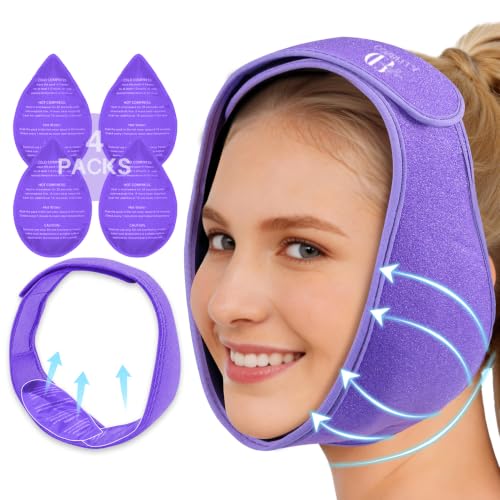 Wisdom Teeth Ice Pack Head Wrap for Pain Relief - Cold Hot Therapy for Face, Jaw & Oral Surgery with 4 Gel Packs, TMJ, Tooth Extraction, Tonsillectomy Recovery-Purple - color: Purple