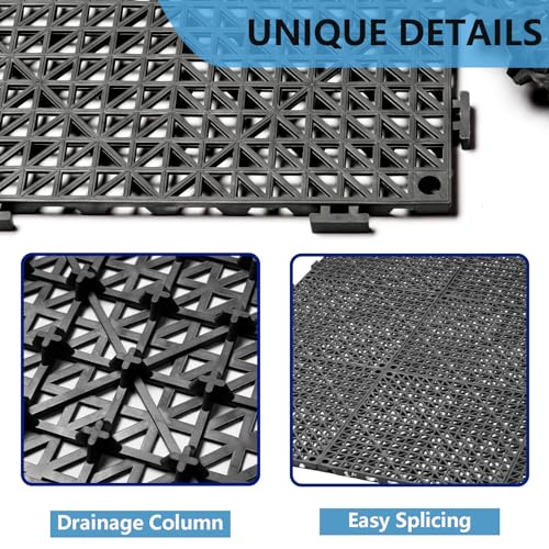 12” x 12” Drainage Interlocking Floor Tiles, 12 Pack Non-Slip Pool Deck Drain Mats for Flooring, Soft PVC Splicing Modular Cushion Mats, Rubber Floor Tiles with Holes for Shower Basement Garage Shed - size: Black