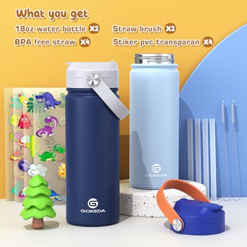 GoKEDA 18oz Kids Water Bottle, 2 Pack Insulated Bottles with Stickers, 18/8 Stainless Steel Vacuum Leak Proof Straw Cup for School, Gifts for Boys(Light Blue, Dark Blue) - color: Light Blue+Sapphire Blue