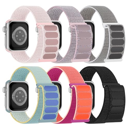 6 Pack Sport Nylon Loop Band Compatible with Apple Watch Band 38mm 40mm 41mm 42mm 44mm 45mm 46mm 49mm for Women Men, Adjustable Breathable Braided Straps for iWatch Series 11/10/9/8/7/6/5/4/3/SE/Ultra - color: Black/Pink Sand/Pearl Pink/Sea Shell/Marine G