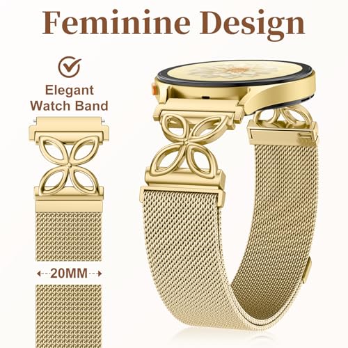Getino Magnetic Metal Strap Compatible with Galaxy Watch 7 Band, Galaxy Watch 6 Classic Band FE 5 Pro 4 Active 2, 20mm Milanese Floral Dressy Wristband for Samsung Watch Bands Women 40mm 44mm 45mm - color: Gold