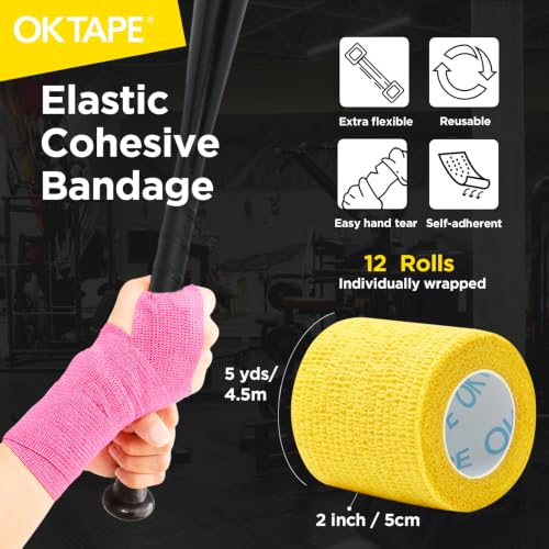 OK TAPE 12 Rolls Self Adhesive Bandage Wrap, Elastic Athletic Tape, Self Stick Bandage Tape, Vet Wrap, Medical Wrap for Wrist, Feet, 2" x 5 Yards - color: Spring, size: 2 Inch