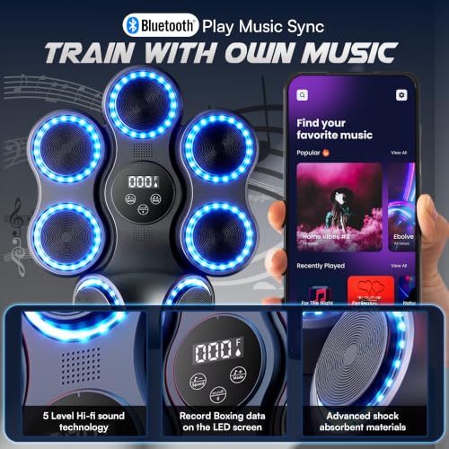 Music Boxing Machine with Gloves, Wall Mounted Punching Trainer with LED Light Up Targets, Bluetooth Rhythm Reaction Training Pad, 11 Modes & 9 Speeds for Adults & Kids Home Fitness & Stress Relief