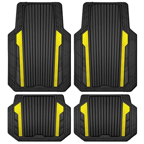 CAR PASS Yellow Car Mats Metallic, Aluminum Film All Weather Rubber Lemon Yellow car Floor Mats Waterproof Universal Trim to Fit SUV Sedan Van Truck 4 Piece Deep Dish Heavy Sporty Black Yellow Chrome - color: Black Yellow