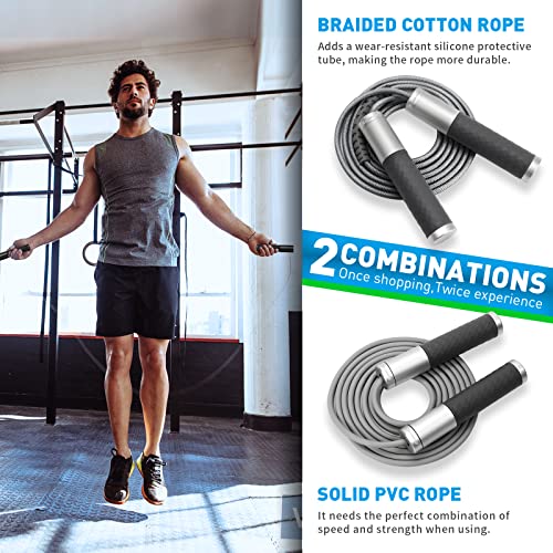 Weighted Jump Rope for Men, Women (1.5LB) - Alloy Steel Handles, Speed Skipping Rope, Gym,Indoor/Outdoor - Fitness, Workout, Boxing - Solid PVC & Cotton Rope - color: Silver-Grey
