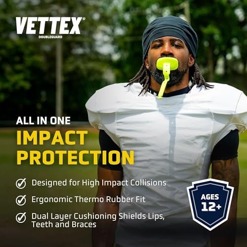 Vettex DoubleGuard Mouth Guard with Lip Protection, Black | Football, Lacrosse, MMA, Boxing, Adjustable Helmet Strap, Braces Friendly, 2 Breathing Channels, NCAA & NFHS Certified - color: Black