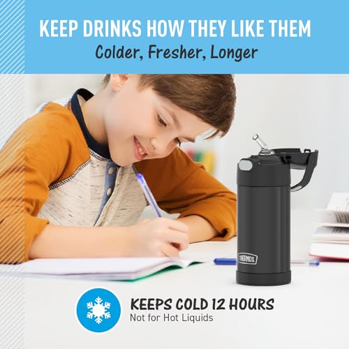 THERMOS FUNTAINER Water Bottle with Straw, 12oz, Black | Kids Stainless Steel Insulated Water Bottle, Keeps Drinks Cold Longer for School & Play, BPA-Free - color: Black, size: 12 Ounces