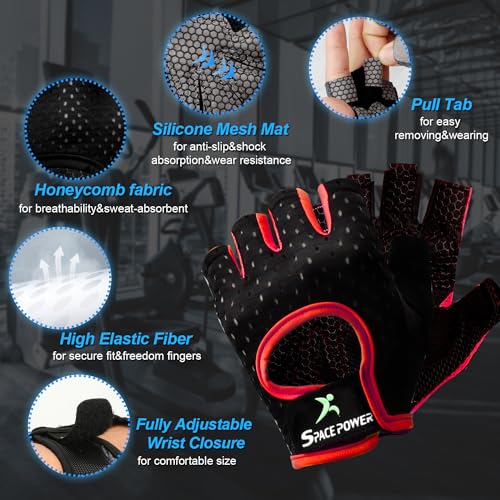 spacepower Workout Gloves - Lightweight Breathable Gym Gloves for Women & Men's Exercise - color: Red, size: Medium