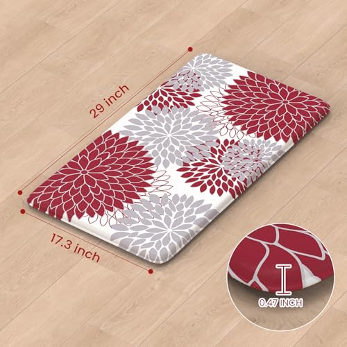 KIMODE Anti Fatigue Kitchen Mat 17.3"x29", Farmhouse Dahlia Padded Kitchen Floor Mats Non Slip, Waterproof Kitchen Mat for Floor, Comfort Standing for Laundry, Office, Sink, Desk Red and Grey - color: Red, size: 29"L x 17.3"W x 0.5"Th