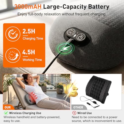 Electric Back Massager with Heat Vibration Airbag, Cordless Lumbar Support Pillow Neck Massager for Pain Relief Deep Tissue