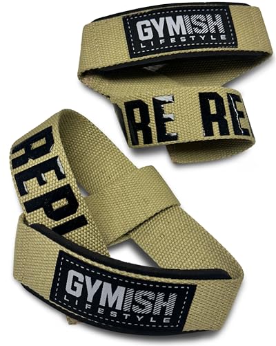 Gymish Lifestyle One More Rep Lifting Straps 24 Inch Non-Slip Soft Pad Wrist Strap for Weightlifting, Deadlifts & Powerlifting, Bodybuilding, Heavy Duty Gym Grips for Strength Training & Crossfit - color: Military