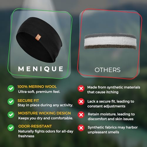 menique 100% Merino Wool Headband for Women Non Slip Stretchy Workout Sweatband Moisture Wicking Breathable Wide Hairband for Running Hiking Sport Gym Yoga Nurse Fashion (Black, One Size) - color: Black
