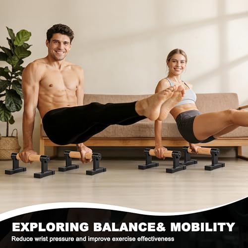 EVERYMATE Wood Push Up Bars Parallettes Bars with Rubber Feet, Anti-slip Handstand Bars for Calisthenics, Equipment for Home, Push Up Handles for Floor, Handstand Push Up Handles, Support 600 LB - size: B