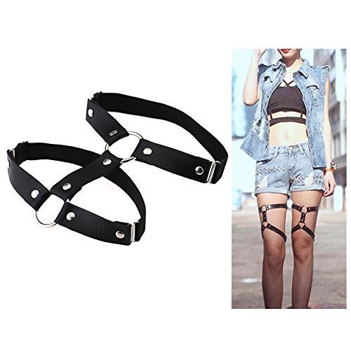 Adjustable Elastice 2 Rows Leather Leg Harness Garter Belt Punk Gothic Thigh Ring Garter - color: Black