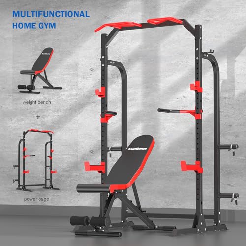 SunHome Power Cage Squat Rack, Power Rack with Pulley System, Adjustable Cable Crossover System, J-Hooks, Dip Handles, Weight Plate Storage - color: S5 with Bench