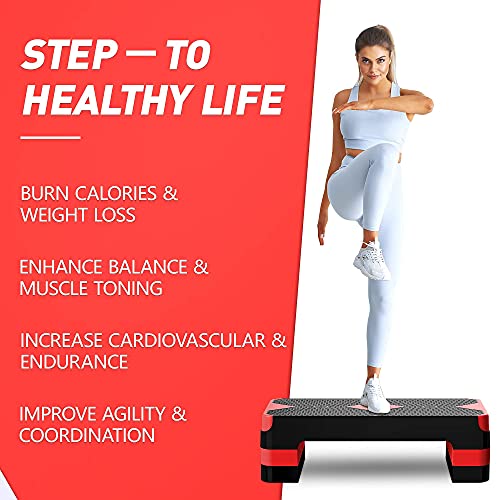GYMMAGE Aerobic Exercise Step, Adjustable Height, | Aerobic Workout Step Platform for Exercise, 26.5" Step Deck with Adjustable Height, Women Home Gym Cardio Fitness - color: Red