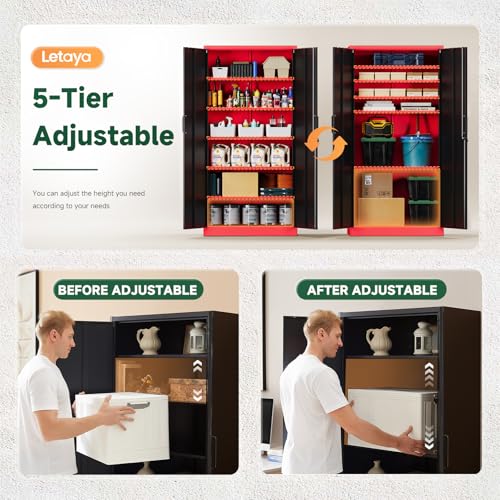 Letaya Metal Garage Storage Cabinets with Lock, 72" Tall Locker Organizer Steel Tool Cabinets,5 Adjustable Shelves 2 Doors for Home Office, Warehouse,Garage,Industrial,Employee (Black Red) - color: Black Red, size: 72 X 36 X 18 In(H X W X D)