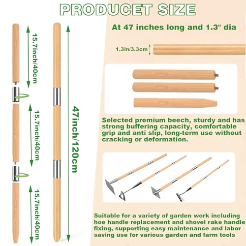 BuerKeo Wooden Hoe Handle Replacement, 47 Inch Length Wooden Pole & Rake Garden Tool Replacement Handle, 1.3 Inch Diameter Long Tapered Handles for Hollow Hoe Fork Shovels Tamper Gardening Tools