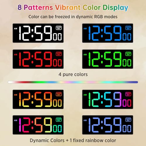 Soobest Digital Wall Clock, Remote Control Electric Timer Seconds for Gym | 8 RGB Colors, Auto DST, Corded Plug in Large Display 5 Dimmer, Living Room Office Classroom Countdown (10.2" Multicolor) - color: 10.2“ Multicolor