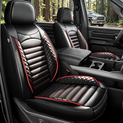 DISUTOGO for 2018 Dodge ram seat Covers 2012-2025 2026 RAM 1500 2500 3500 | Dodge Ram Seat Covers Full Set, Faux Leather Custom Fit Ram 1500 2500 3500 Truck, Flat Bench - color: 096-Black&Red-Flat Bench, size: 5 Seats full set-RAM 2012-2026