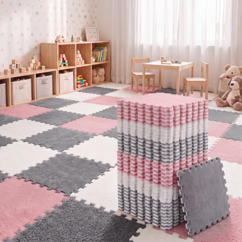 Amylove 72 Pieces Plush Foam Floor Mat Square Interlocking Carpet Tiles with Border 12 x 12 x 0.4 in Fluffy Play Mat Floor Tiles Soft Climbing Area Rugs for Home Playroom(White, Gray, Pink) - color: White, Gray, Pink