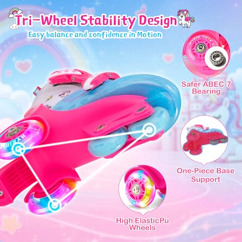 HYKID Toddler Roller Skates, 4 Adjustable Sizes, Fun Illuminating, Safety Three-Point Type, Breathable Upper, Beginners' Roller Skates for Girls Boys Kids - color: Unicorn Rose Pink, size: Little Kid (11C-1Y)