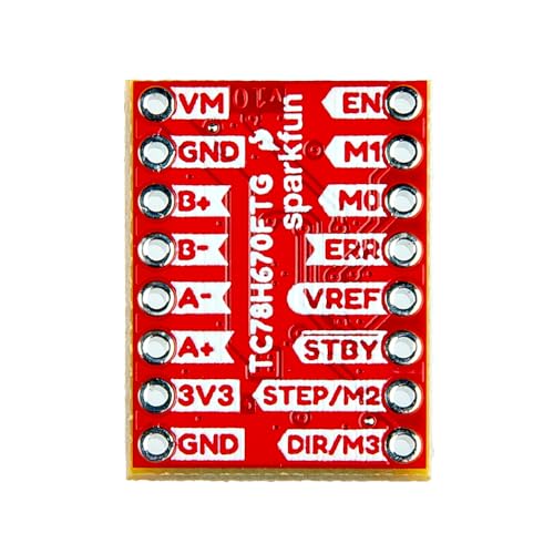 SparkFun Mini Stepper Motor Driver - TC78H670FTG - Compact Driver with breadboard-Friendly 0.1in. Pin -Output Current: 2.0 A (max) - Board Dimensions: 0.6 in. × 0.8 in.