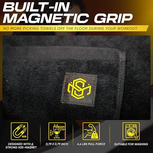 Magnetic Gym Towel – Non-Slip Workout Towel with Integrated N35 Magnets & Elastic Strap – 100% Cotton, Quick-Dry – Fitness Sweat Towel for Gym Equipment, Men & Women (37.4 x 19.7 in, Black)