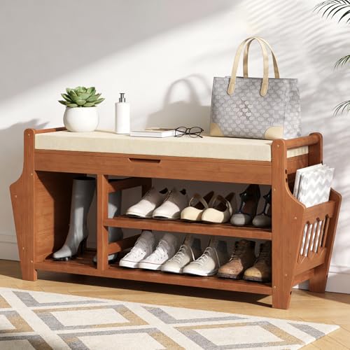 oakvivo 39.4in Shoe Bench with 2 Side Holder, 3 Tier Bamboo Entryway Bench with Storage, Shoe Rack Bench Organizer with Cushion for Entryway Hallway Living Room, Holds up to 330lbs - size: 39.4 inch
