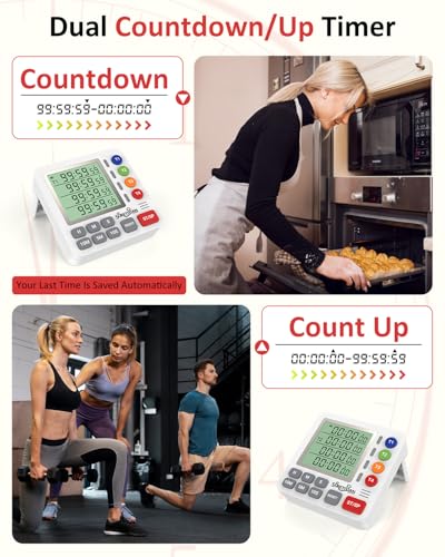 Digital Kitchen Timer with 4 Channel, Loud Alarm and Silent Mode | Magnetic Cooking Timer with Count Up & Countdown for Kids and Seniors, Large Display to Read, Auto Memory, Battery Included - color: White