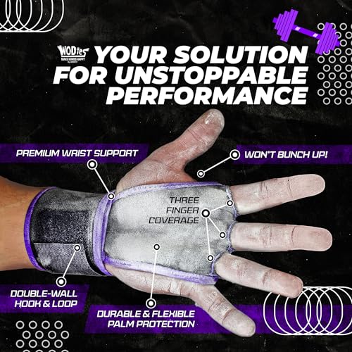 JerkFit WODies Gymnastics & Weightlifting Grips with Wrist Wraps – 3 Hole Versatile Gym Gloves for Pull Ups, Gym Training & Cross Training – Hand Grips Palm Protector for Men & Women - color: Purple, size: Small 3”- 3.5”