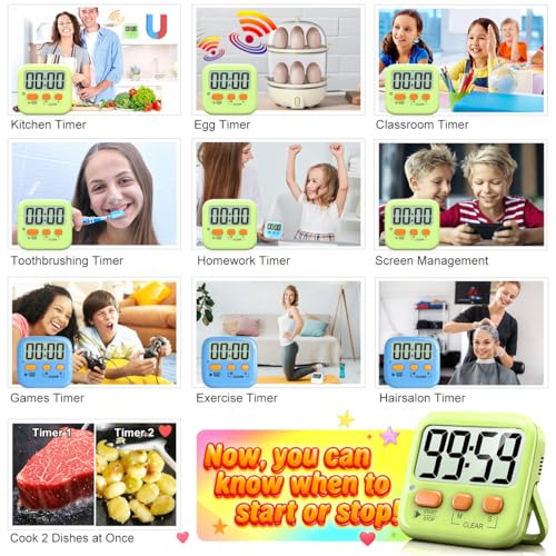 Antonki 2 Pack Digital Timer for Kids, Magnetic Countdown Kitchen Timers for Cooking, Egg, Classroom, Teacher, Exercise, Study, Oven - Battery Included - color: 2 * Green+ Sky Blue ( 95%+select for Kids )