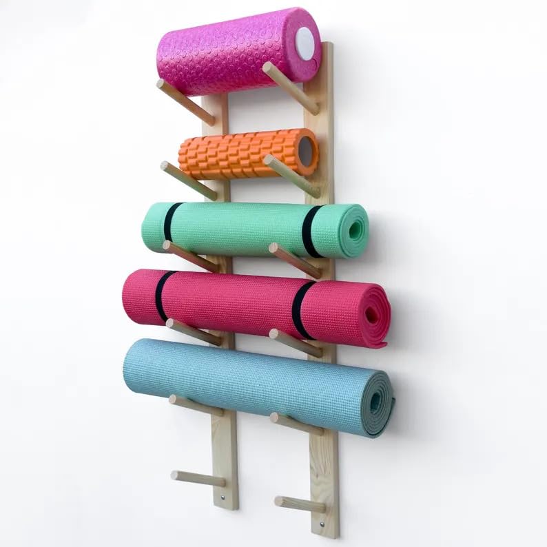 Wooden Yoga Mat Storage Rack, Wall Mounted Yoga Mat Holder Organizer for Home Gym, Yoga Mat Foam Roller Storage Stand for Yoga Studio, Multi-Tier Yoga Mat Wall Rack for Workout Equipment Organization