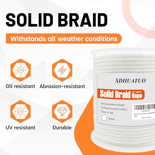 SDHUATUO 1/4 Inch Nylon Solid Braided Rope, 250FT Polyester Cord White | 1100 lbs, UV Resistant & Wearproof, Soft Flexible Rope for Swings, Camping Tent, Flagpole, Outdoor Twine, Dog Leashes - color: White, size: 1/4''-250ft