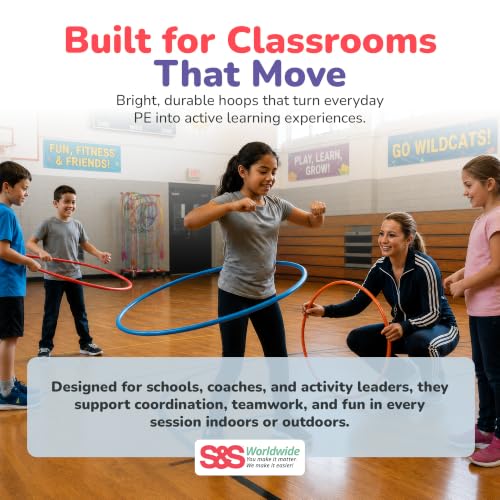 S&S Worldwide No-Knott Hula Hoops Set of 18 - Heavy Duty, No-Kink Hoop Rings for Gymnastics, Fitness, Exercise, Games, PE & More - Assorted Colors, 6 Each in 24", 30" & 36" Sizes