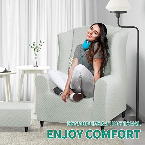YEMYHOM 1 Piece Stretch Wingback Chair Slipcover Latest Jacquard Design Wing Chair Cover Non Slip Furniture Protector with Foam Rods for Living Room (Wing Chair, Ivory) - color: Ivory, size: 1 Pack - Wing Chair