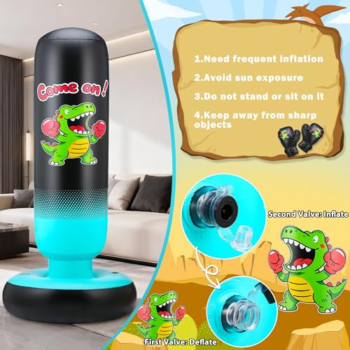 Punching Bag for Kids 65" Inflatable Dinosaur Kids Punching Bag with Boxing Gloves Boxing Bag Set with Pump Dinosaur & Hitting Target Pattern 2 in 1 Birthday Gifts for Boys & Girls Age 3-12