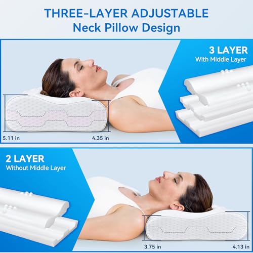 Cervical Neck Pillow for Pain Relief- Queen Size Adjustable Cooling Pillow for Sleeping, Memory Foam Pillows for Neck Shoulder, Ergonomic Contour Bed Pillow for Side, Stomach & Back Sleepers - size: Queen Size (23.6"L x 14.2"W)
