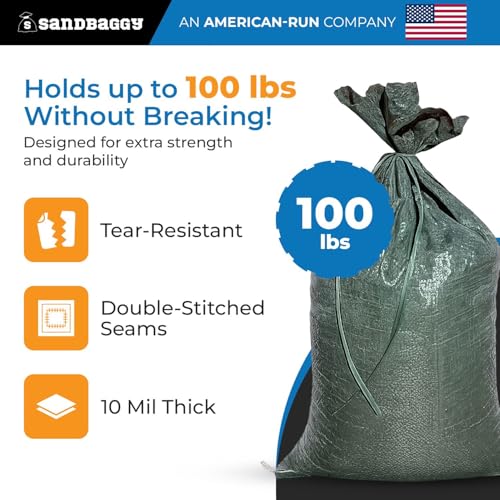 Sandbaggy - Heavy Duty Empty Sandbags For Flooding (14" X 26") - Poly Sand Bags - Flood Barrier, Weight, Construction, Earth Bag Homes - Reusable, UV Resistant - Tie Strings Attached (100 Bags) - size: 100 Count (Pack of 1)