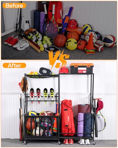 EXTCCT Garage Sports Equipment Organizer with Wheels - Golf Bag Storage Rack and Ball Storage Bins, Heavy Duty Rolling Garage Organizer System with Basket and Hooks for Indoor (Black-Large) - color: Black - Large