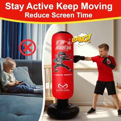 Marwan Sports Ninja Kids Punching Bag — Inflatable Sensory Toy & Birthday Gift for Boys & Girls Ages 4-12, 63" Freestanding 5-in-1 Kit, Indoor Apartment-Quiet Sensory-Friendly Active Play - color: Red (5 in 1)