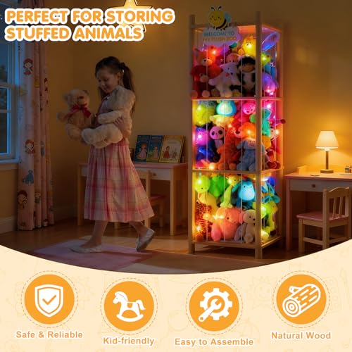 Stuffed Animal Storage Zoo Organizer Natural Pine Plushies Storage with Elastic Bands Vertical Wood Toy Holder Mesh Net Space Saving Design for Playroom Nursery Kids Bedroom - color: Wood Color Bee（yellow Bee Board）