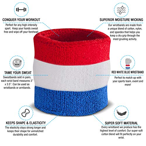 Suddora Striped Sweatband Set, Moisture Wicking 2 Wristbands and 1 Headband, Breathable Athletic Sweat Bands for Sports, Costumes & Cosplay, Matching Bands to Wear with Jersey - color: Red White and Blue