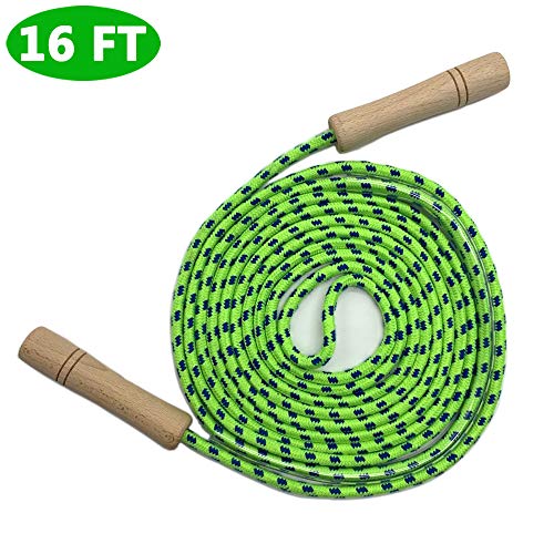 16 FT Double Dutch Jump Rope for Kids - Wooden Handle - Adjustable Cotton Braided Fitness Skipping Rope for Fitness, Outdoor Fun, School Sports, and Party Games